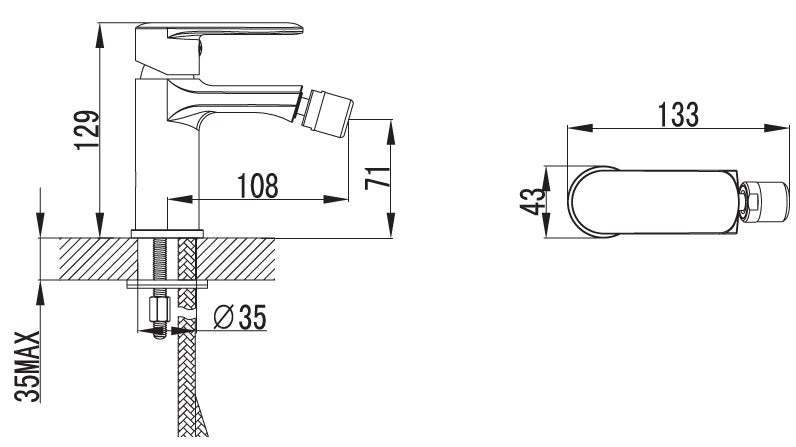Смесител за биде Pearl стоящ, технически чертеж с размери 129×108×71 мм, KERANOVA онлайн магазин за бани