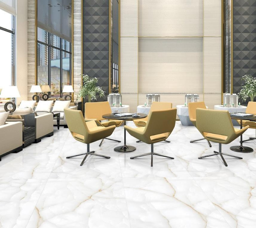 Alt Tag: Zara White Polished 60x120 полиран гранитогрес в модерен хотелски салон – онлайн магазин за обзавеждане за бани KERANOVA