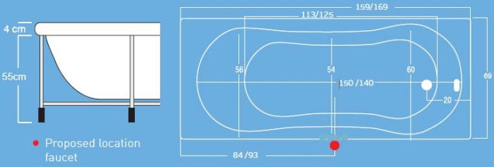 Чертеж с размери и позиция на смесител за вана Amarilis 150х70, 160х70 и 170х70 см. – диаграма с габарити и предложение за монтаж