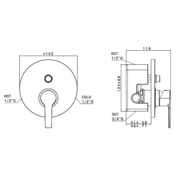 Вграден сет Miro Alpi с рамо от стената + статив – технически чертеж и размери на вграден смесител и душ комплект за KERANOVA