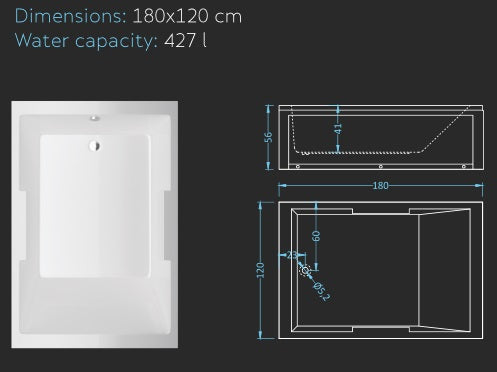 Хидромасажна вана Atina 180x120 см. – схема и изглед, размери 180x120 см, воден обем 427 л за онлайн магазин за обзавеждане за бани KERANOVA
