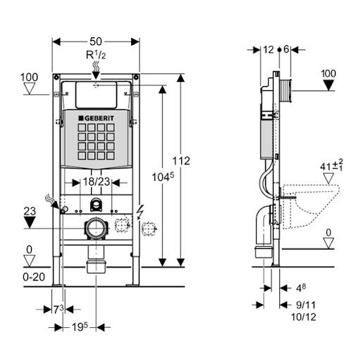 Geberit Duofix Delta с активатор Delta01 бял/лъскав хром — схема монтажна структура за вграждане Duofix Delta за окачена тоалетна KERANOVA