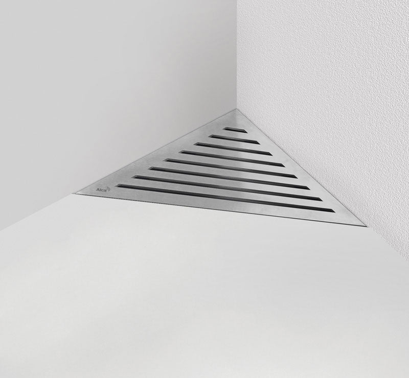 Ъглов подов сифон KERANOVA - триъгълен неръждаем решетъчен сифон за баня, страничен изход Ф50 мм, производство Чехия