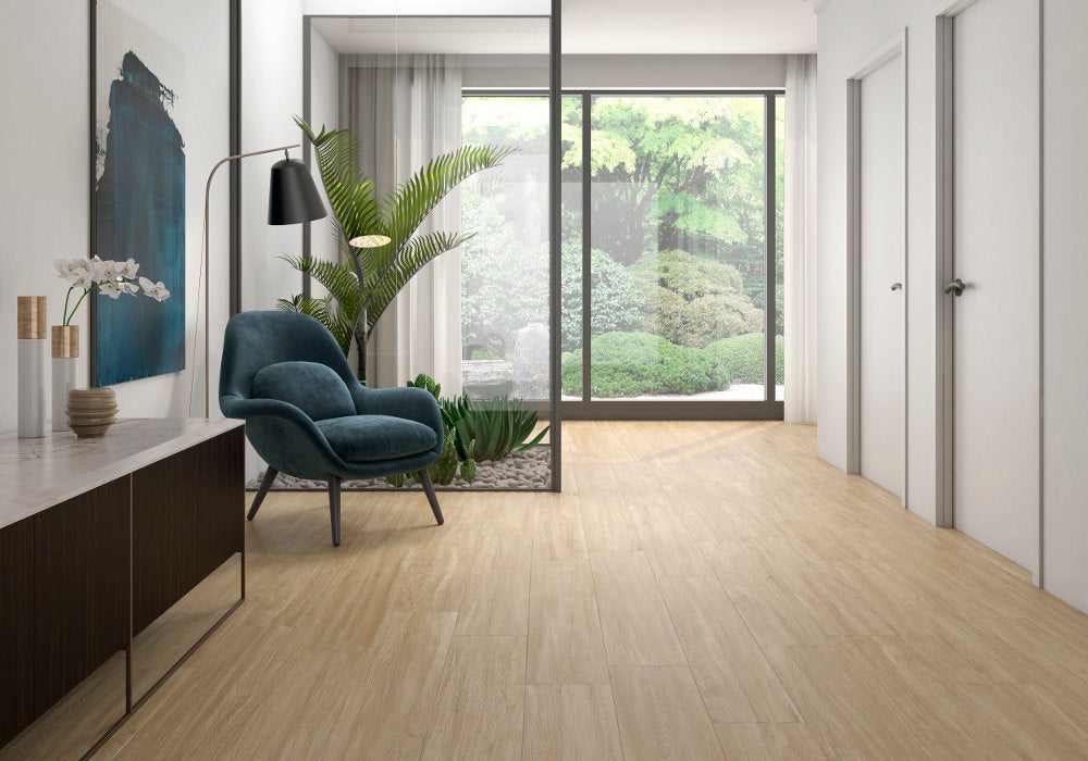 Колекция Alessandria 20x120 - Prissmacer светъл дървесен гранитогрес 20x120 в модерно антре, онлайн магазин за обзавеждане за бани KERANOVA