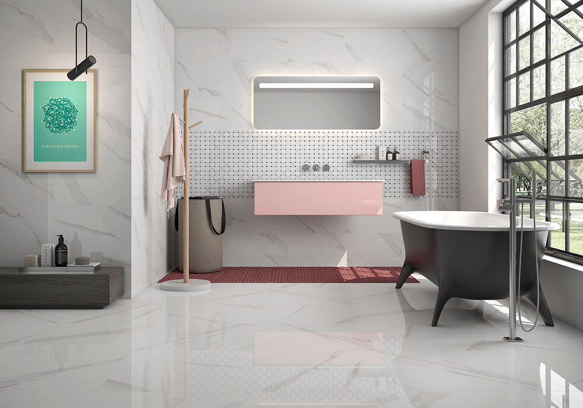 Баня Neptune 33.3x50 - Geotiles: съвременна баня с гланцирани испански плочки, розов плаващ шкаф и свободностояща вана – онлайн магазин KERANOVA