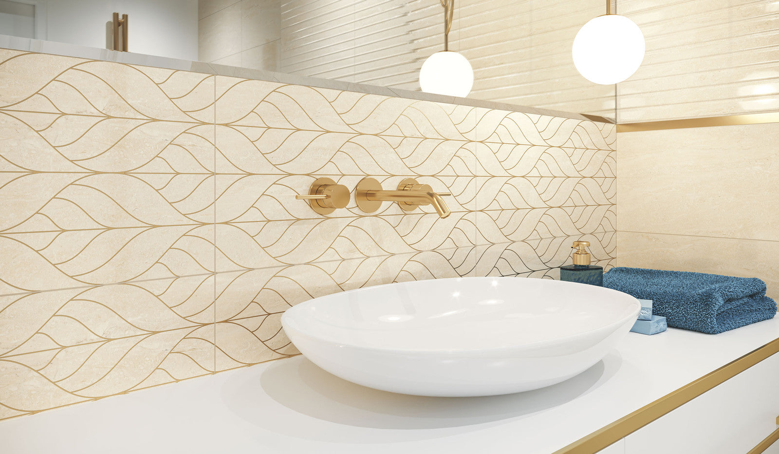 Баня Anello 30x60 - сантехничен плот с бяла мивка и декоративни златисти каменни плочки в онлайн магазин за обзавеждане KERANOVA