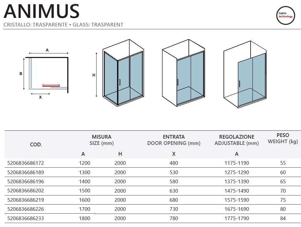 Параван Animus  Bianco - 147.5-149 см. луксозен стъклен параван за баня 200 см височина, бял мат профил, 8 мм закалено стъкло - KERANOVA