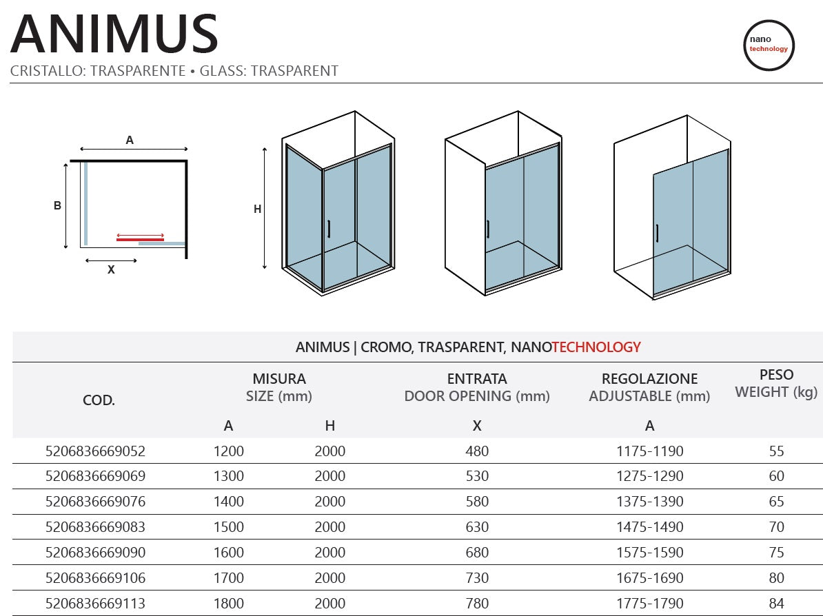 Параван Animus  Cromo - 117.5-119 см. луксозен стъклен параван с плъзгаща врата, алуминиев профил, 8 мм закалено стъкло, анти-калк, KERANOVA онлайн магазин