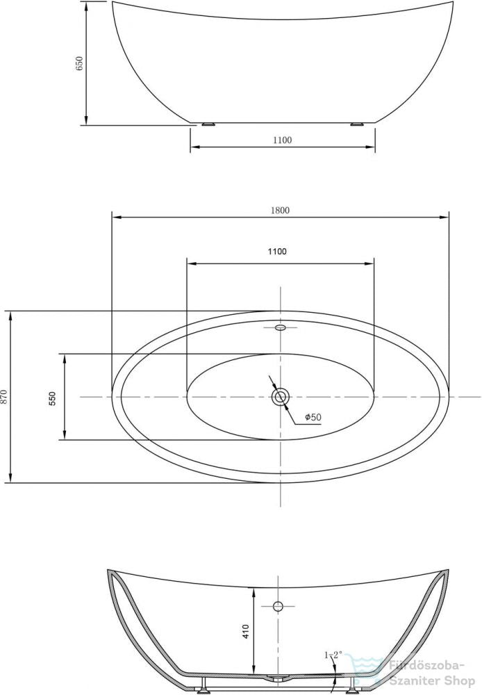 Свободно стояща вана Arezzo White 180х87 см. – технически чертеж с размери и оформление за онлайн магазин KERANOVA