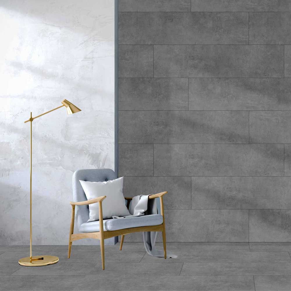Серия Ark - Qua Granite - 4 цвята, 3 повърхности сив гранитогрес Antracite в интериор за баня от KERANOVA