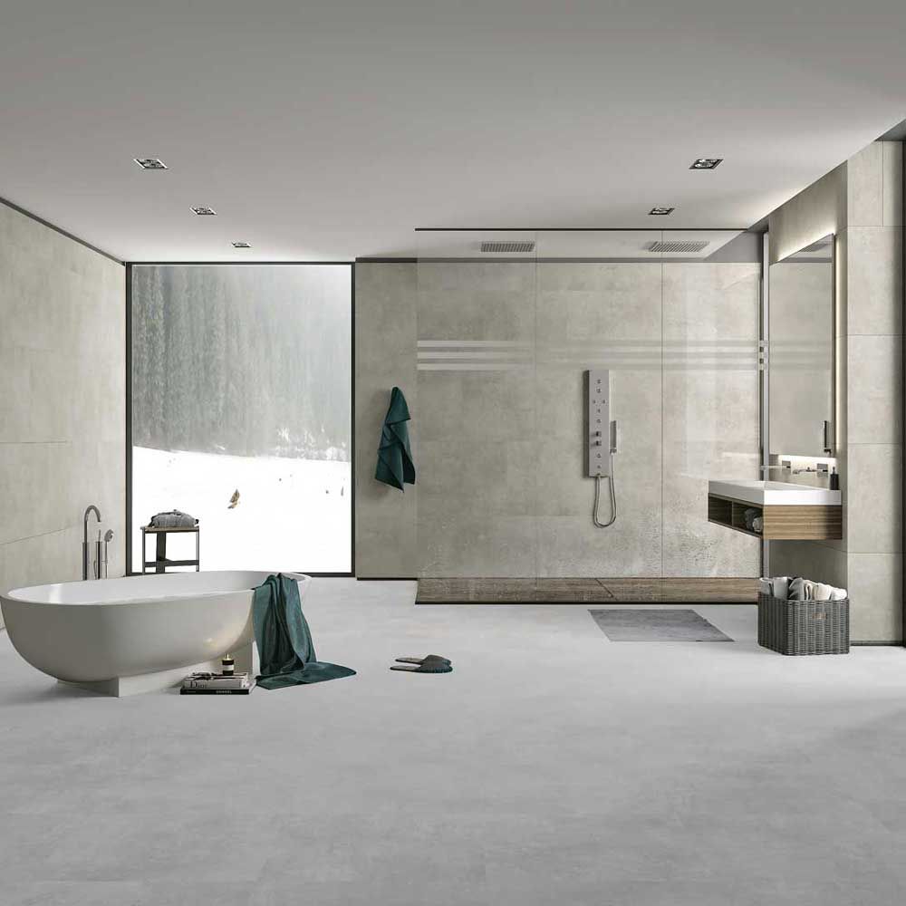 Серия Ark - Qua Granite - 4 цвята, 3 повърхности в модерен банен интериор с мат, лапато и полирана повърхност
