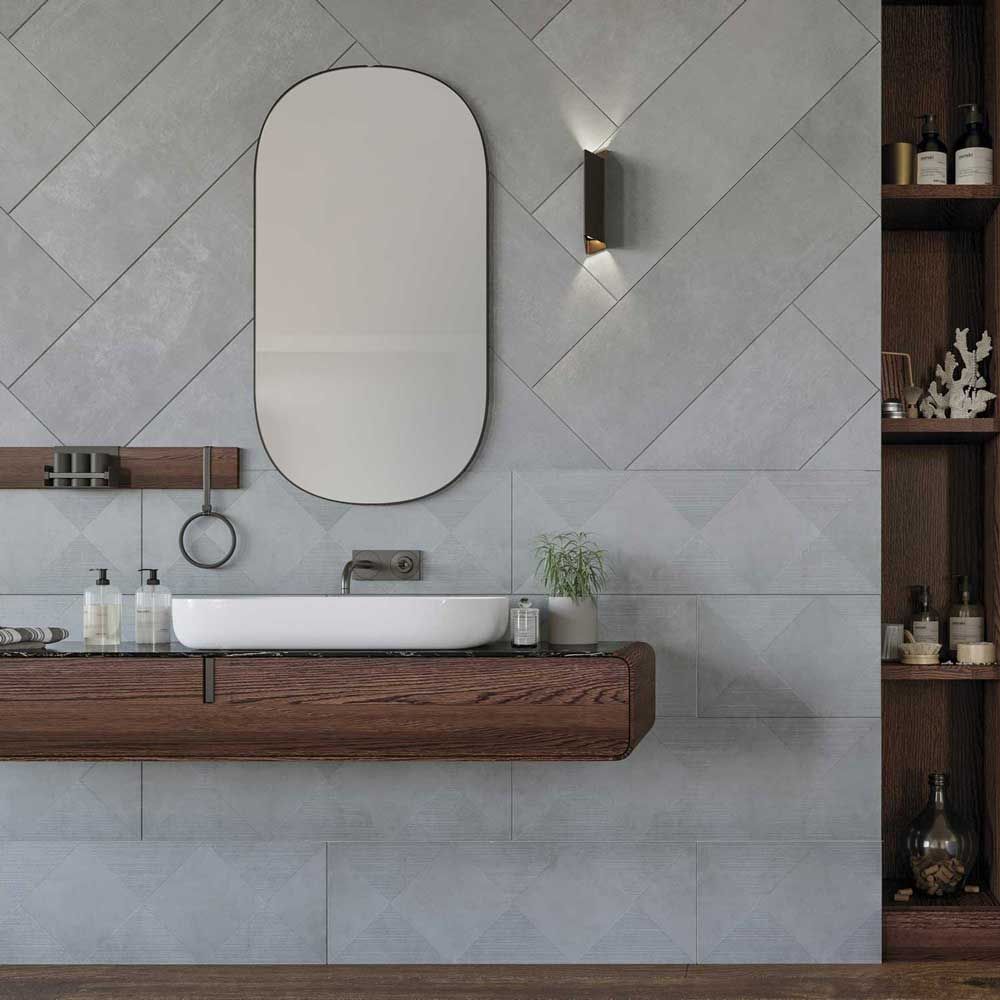 Серия Ark - Qua Granite - 4 цвята, 3 повърхности матирана баня с сив гранитогрес и дървен плот KERANOVA