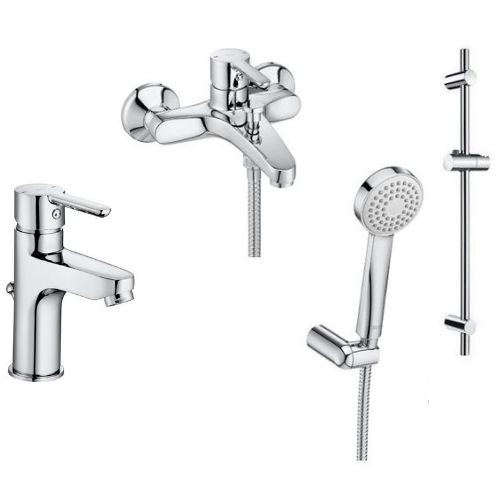 Комплект Arola 3 в 1 Roca - хромирани смесители умивалник и вана с душ слушалка и тръбно окачване, онлайн магазин KERANOVA