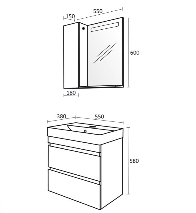Серия Арте 55 см. бял PVC горен шкаф с огледало и LED, долен шкаф с мивка Esvit и 2 чекмеджета за баня KERANOVA