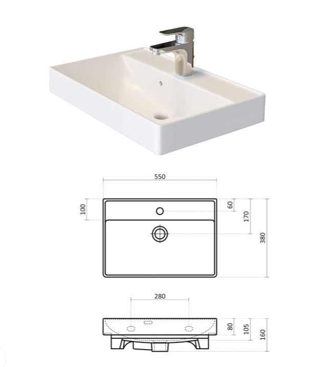 Серия Арте 55 см. мивка Esvit 55 бяла за баня KERANOVA с размери 550x380 мм, модерна правоъгълна мивка