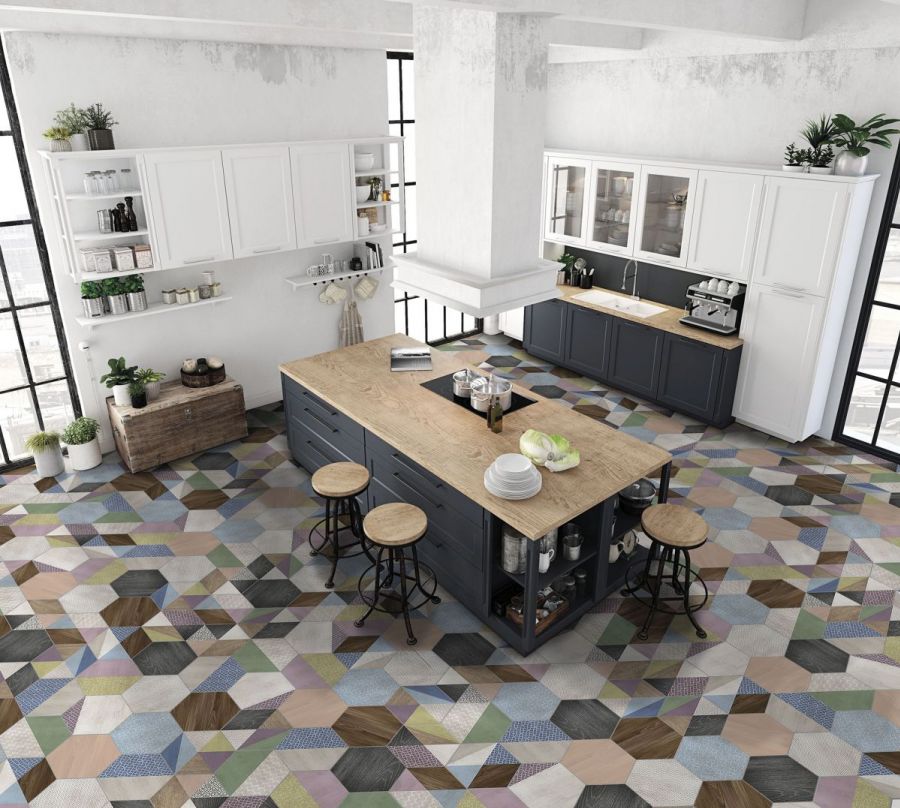 КОЛЕКЦИЯ HEXA Art Deco - ITT CERAMIC шестоъгълен гранитогрес в кухня, 15 декора, 23х27 см, онлайн магазин за обзавеждане за бани KERANOVA