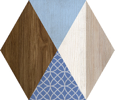 КОЛЕКЦИЯ HEXA Art Deco - ITT CERAMIC шестостенен гранитогрес 23x27 см, 15 декора, комбинация дървесен и син декор за баня - KERANOVA онлайн магазин