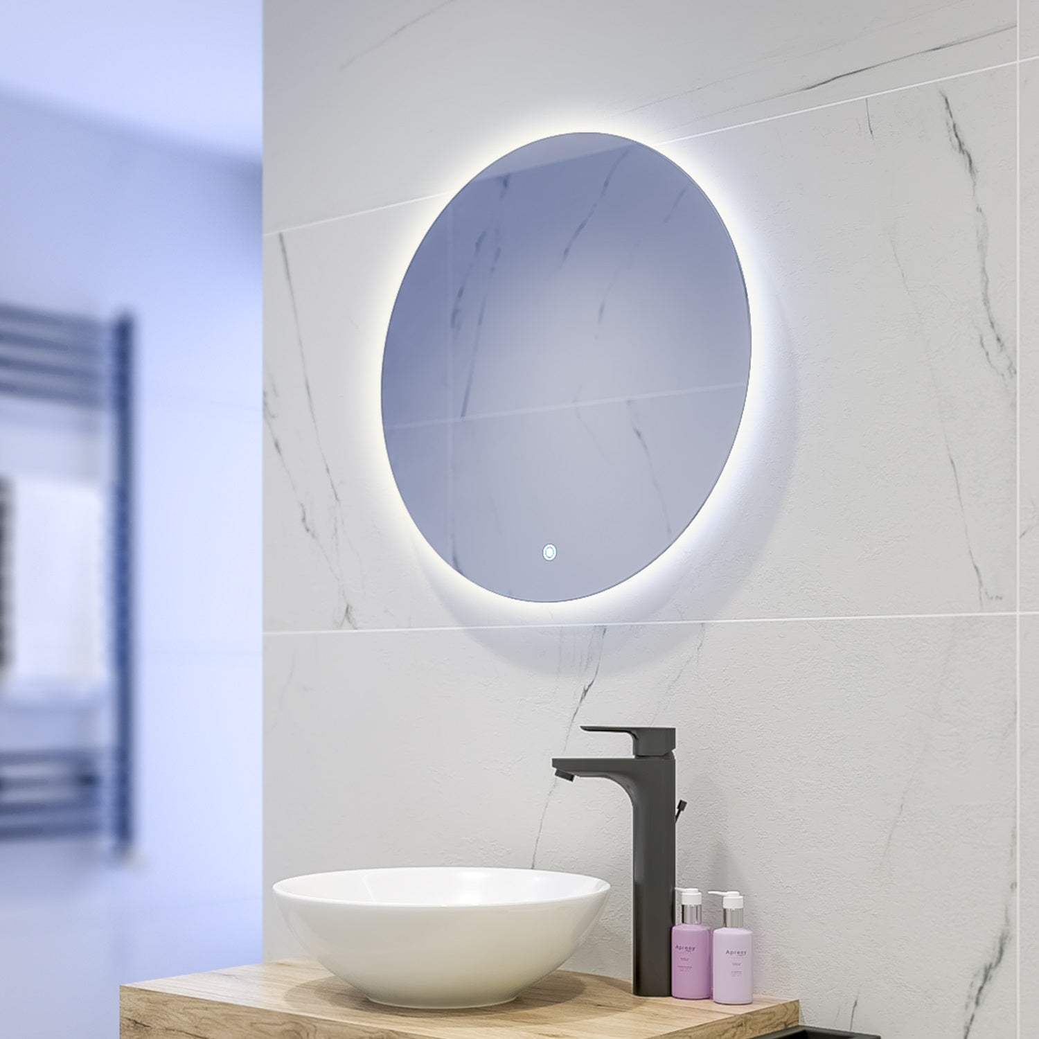 Огледало с осветление Атланта Ф60 см. с периферно LED, тъч бутон и антифог нагревател, алуминиева рамка – онлайн магазин KERANOVA