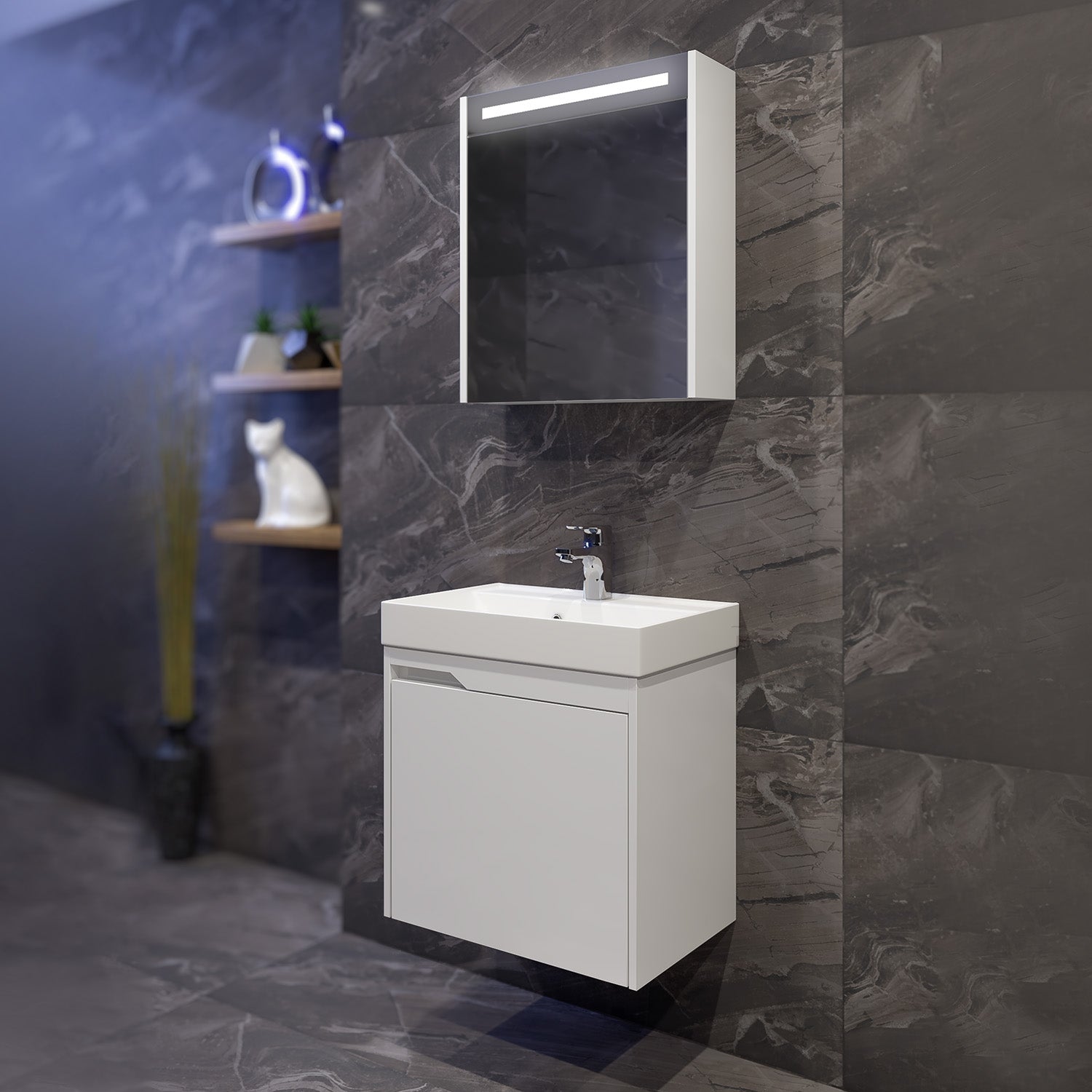 Серия Етоша 55 см. бял PVC долен шкаф и горен шкаф с LED огледало за баня – онлайн магазин KERANOVA