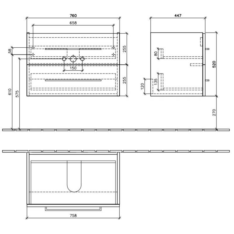 шкаф с мивка Avento 80 White - Villeroy & Boch чертеж с размери и две чекмеджета, бял гланц, soft close, онлайн магазин KERANOVA