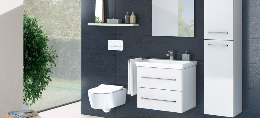 шкаф с мивка Avento 80 White - Villeroy & Boch в бял гланц, две чекмеджета с soft close, мебелна мивка 80x47 см, KERANOVA онлайн магазин