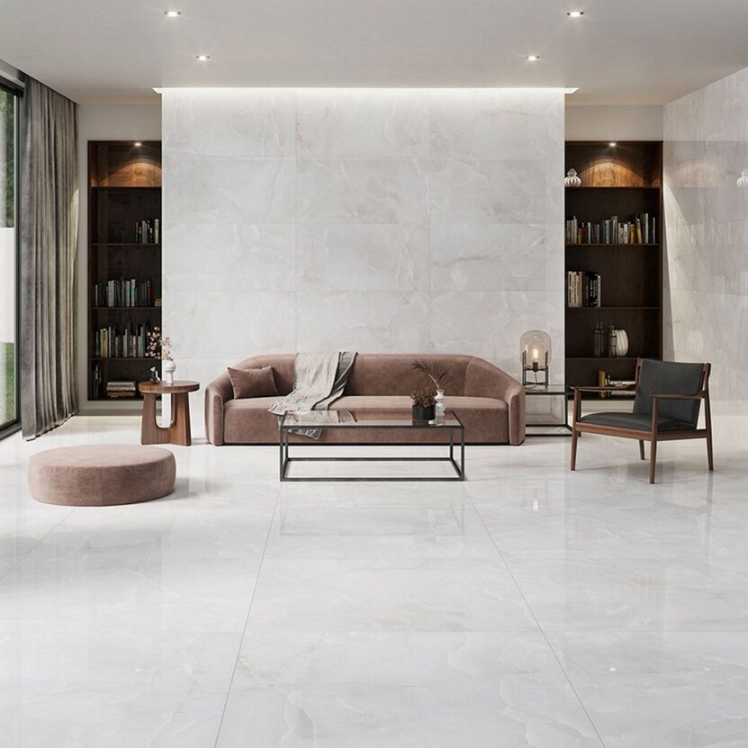 Baikal 60x120, 100x100 и 120х120 см. - Keratile бежов полиран и сатен гранитогрес в модерен хол, онлайн магазин KERANOVA