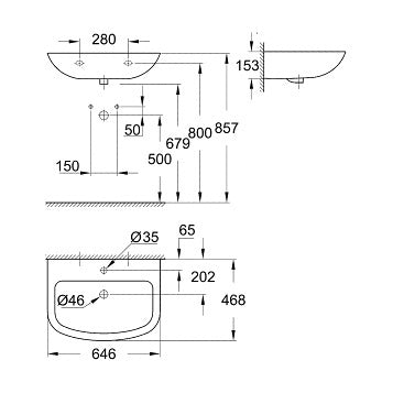 Мивка Bau Ceramic 65х47 см. - схема с размери и отвор за смесител Grohe 39420000, онлайн магазин за обзавеждане за бани KERANOVA