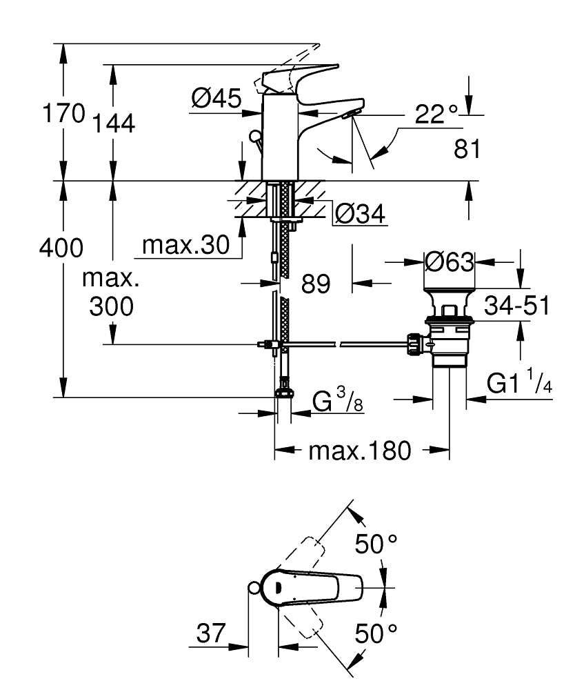 Grohe BauFlow промо пакет 3 в 1 - технически чертеж и размери на едноръкохватков смесител за мивка с изпразнител, KERANOVA онлайн магазин