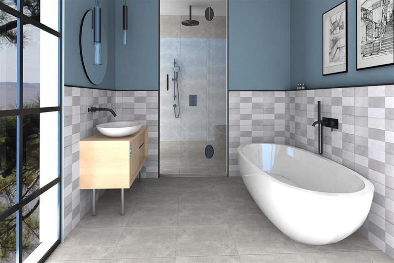 Баня Berlin 25x50 см. плочки Keranova в модерна светлосиня баня с вана, душ и мивка - онлайн магазин за обзавеждане за бани KERANOVA