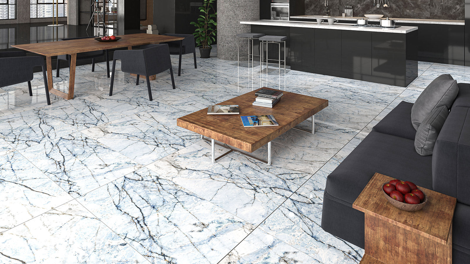 Blue Cotone 60x120 - Qua полиран гранитогрес с декор естествен мрамор в модерен интериор, онлайн магазин KERANOVA