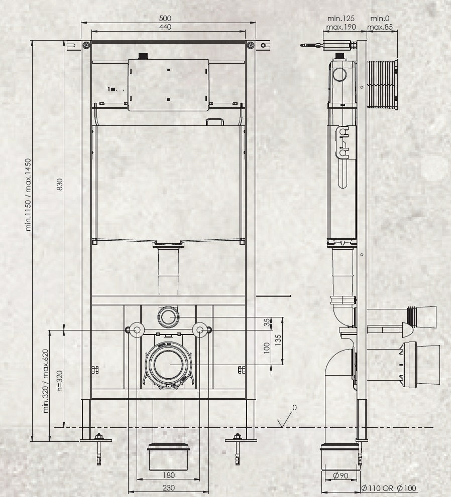 Комплект V-Tondo Rimless Bocchi монтажна структура за вграждане с размери и схема, онлайн магазин KERANOVA