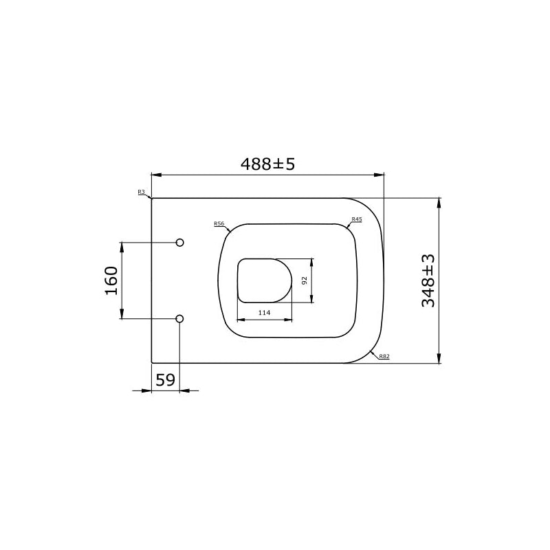 Конзолна тоалетна Bocchi Quadro Rimless - черен мат, технически чертеж с размери 488x348 мм, скрито присъединяване, онлайн магазин KERANOVA