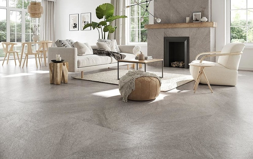 Серия Bolt 60x120 Cersanit матиран гранитогрес в скандинавски всекидневен интериор - онлайн магазин за обзавеждане за бани KERANOVA