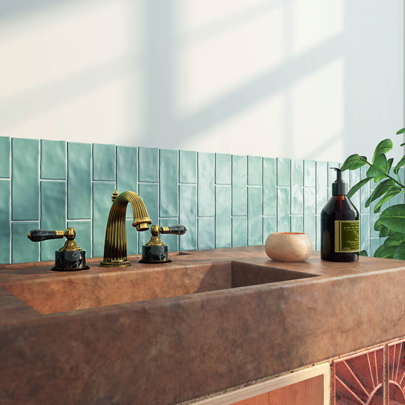 Серия Borgo 6.5x20 - Bestile: гланцирани зелени плочки в баня зад мивка за онлайн магазин KERANOVA