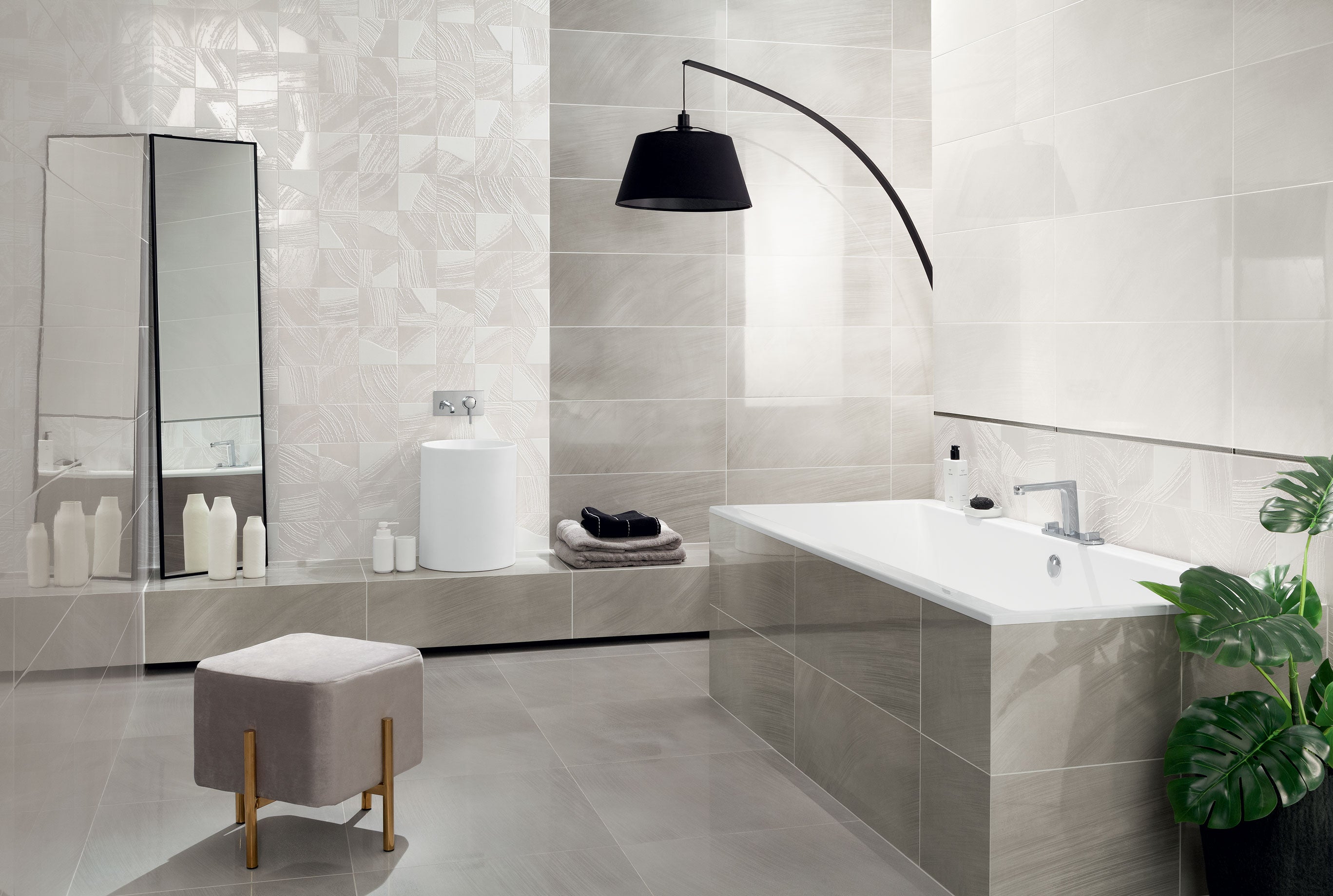 Баня Brass 29.8x74.8 - Tubadzin: елегантна баня с медни тонове, естествени текстури и уютна палитра – онлайн магазин за обзавеждане KERANOVA