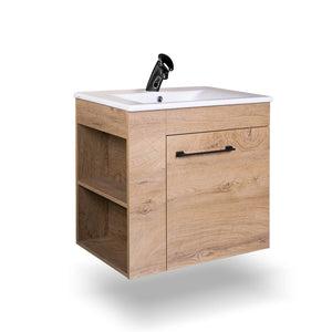 шкаф с мивка Бристол 65 от дървесен ефект с бял умивалник и черен смесител — онлайн магазин за обзавеждане за бани KERANOVA