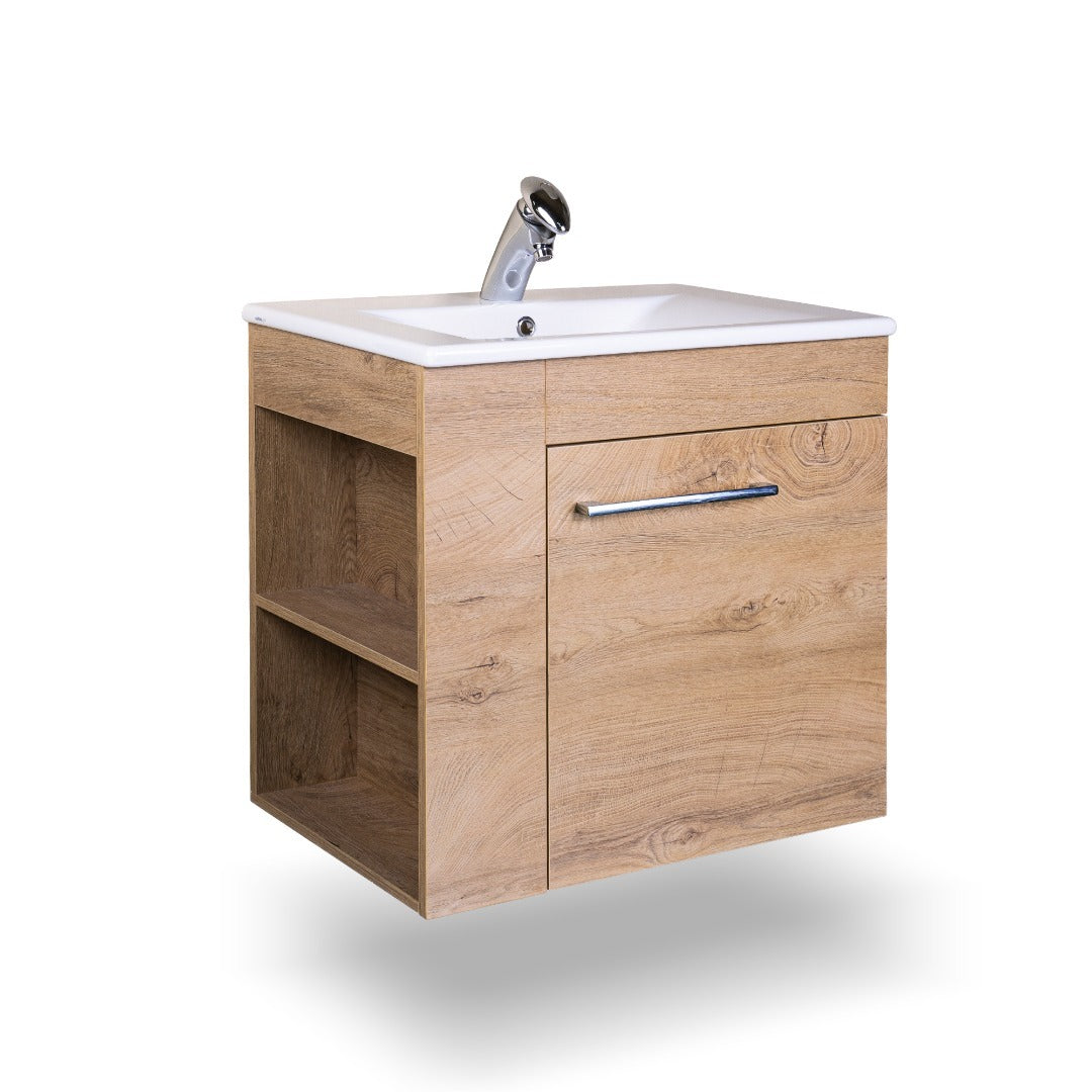 Мебел Бристол 65 дървесен шкаф за баня с мивка, LED осветление и отворени рафтове, онлайн магазин KERANOVA