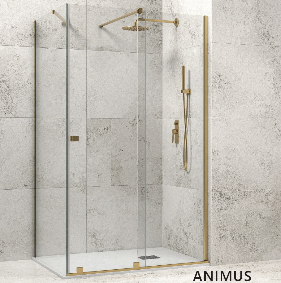 Кабина Animus Oro Walkin 1 - 80x120 - brushed gold - фиксиран страничен панел от KERANOVA, 8 мм стъкло, антикалк покритие, златен мат обков