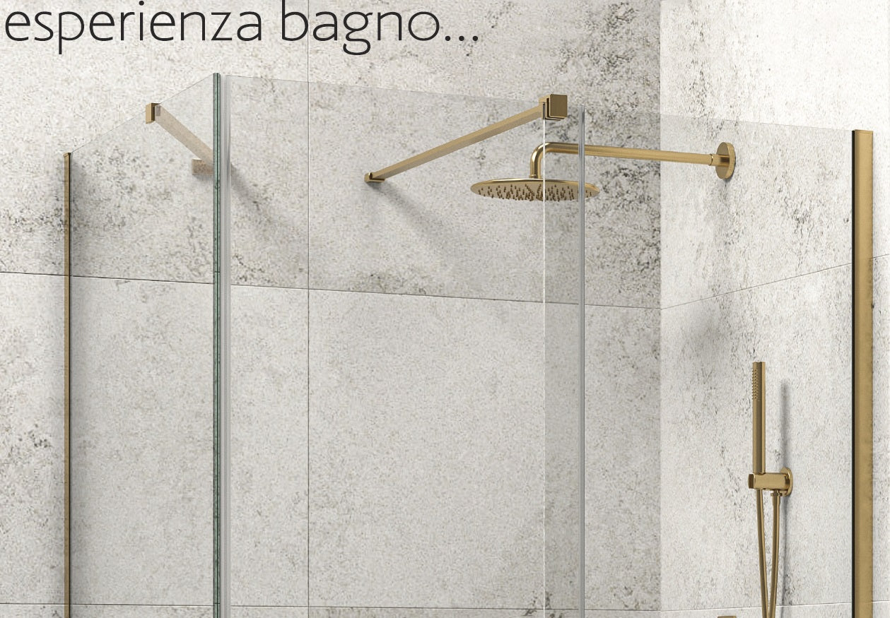 Кабина Animus Oro Walkin 1 - 70x140 - brushed gold - фиксиран страничен панел в баня с матиран плочки и златист обков, онлайн магазин KERANOVA