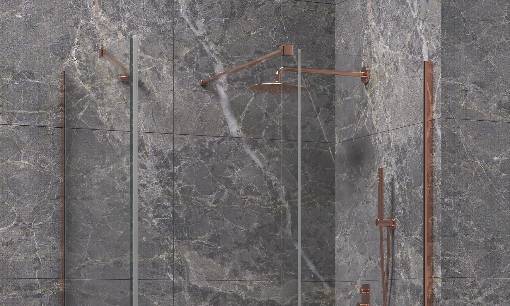 Кабина Animus Rose Gold Walkin 1 - 70x150 - розово злато - фиксиран страничен панел в розово злато, 8 мм стъкло, анти-калк, KERANOVA