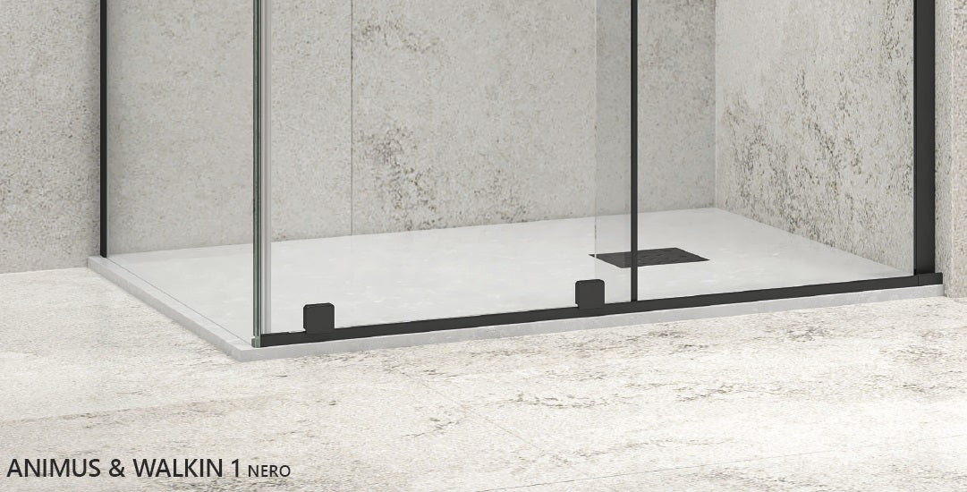 Кабина Animus Nero Walkin 1 - 70x150 - фиксиран страничен панел, асиметрична душ кабина 8 мм закалено стъкло, черен мат, анти калк, KERANOVA