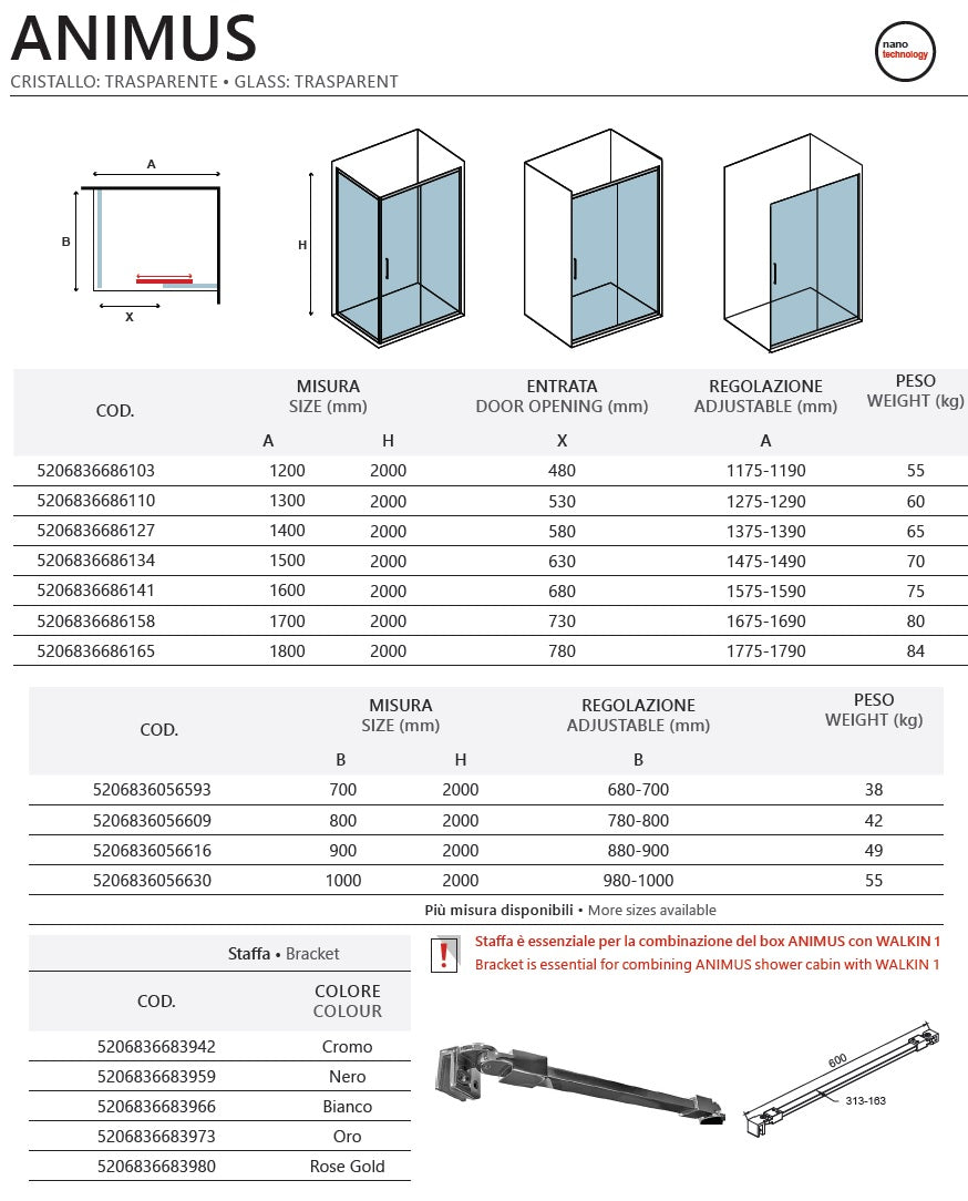 Кабина Animus Nero Walkin 1 - 70x120 - фиксиран страничен панел, черен мат, 8 мм закалено стъкло, анти-калк покритие, KERANOVA