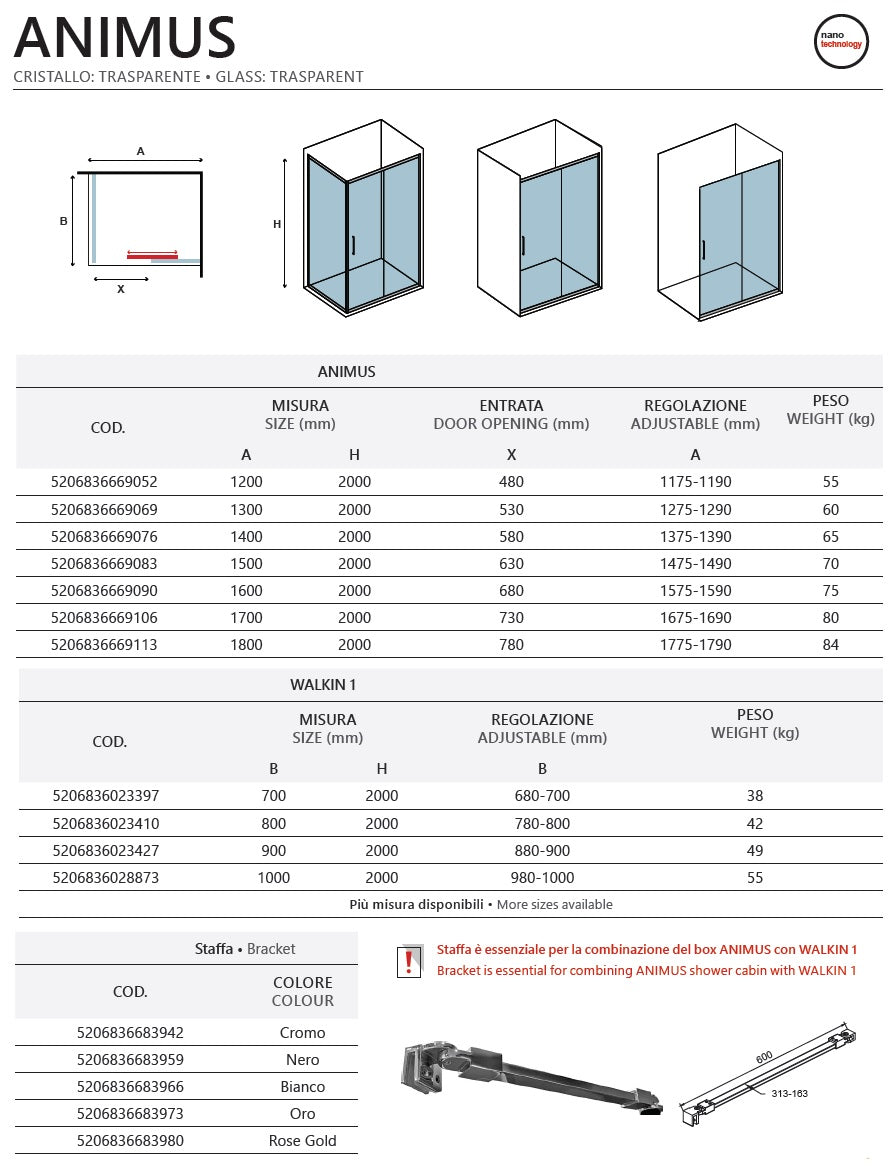 Кабина Animus Cromo Walkin 1 - 70x120 - фиксиран страничен панел на KERANOVA, асиметрична душ кабина 8 мм закалено стъкло, анти-калк