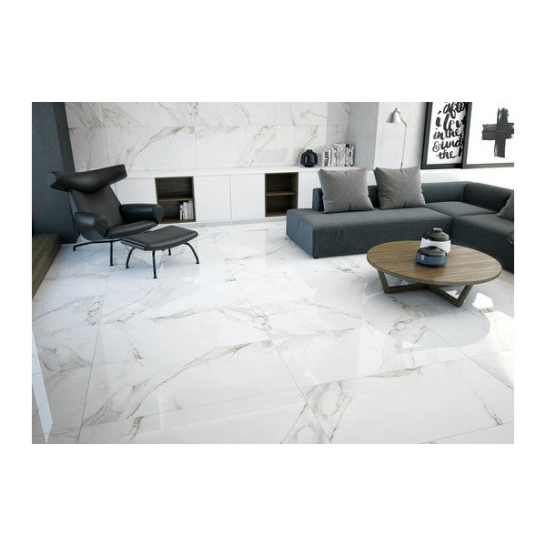Полиран гранитогрес Calacatta Blanco 60х120 см. в модерен хол с бял мраморен ефект — онлайн магазин за обзавеждане за бани KERANOVA