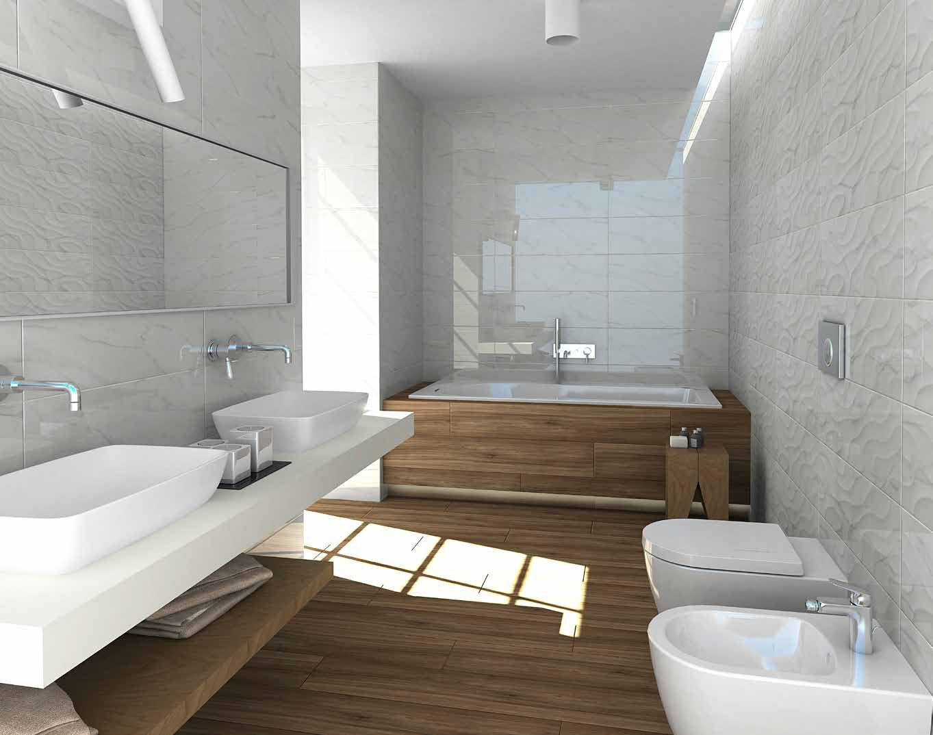 Серия Calacata 25x75 см. – гланцирани плочки имитиращи естествен камък в модерна бяла баня от онлайн магазин за обзавеждане за бани KERANOVA