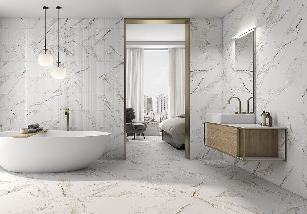 Calacatta Paonazzo 29.5x90 - ITT Cermic луксозни мраморни плочки за баня от KERANOVA, бяло със ръждиви вени