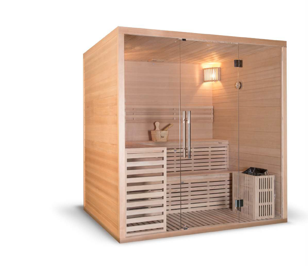 Сауна Calidus 200х170х210 см. от канадски хемлок с 8мм стъклена врата, SAWO 9 kW печка и аксесоари - KERANOVA онлайн магазин