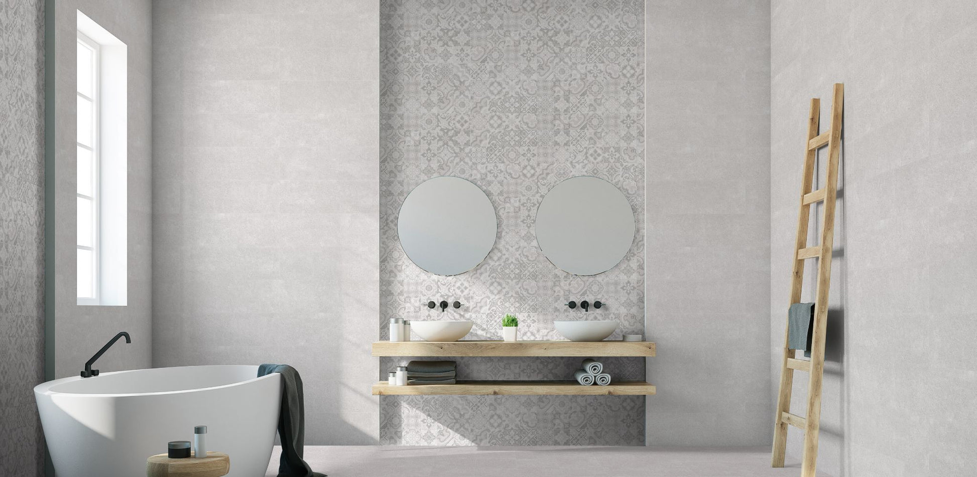 Баня Cartago 25x75 - Keros Ceramica в модерен интериор с мраморни тонове, декоративен панел и свободностояща вана - онлайн магазин KERANOVA