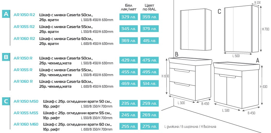 Серия Caserta 55 с чекмеджета - бял PVC шкаф с мивка 55х45х63 см и две чекмеджета, онлайн магазин за обзавеждане KERANOVA