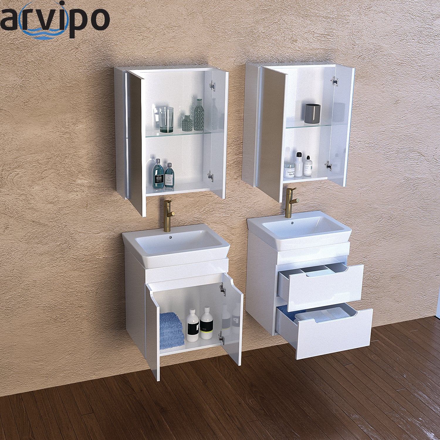 Серия Caserta 55 с врати - бял PVC шкаф за баня 55х45х63 см с мивка и огледален шкаф 55х15х70 см - KERANOVA онлайн магазин